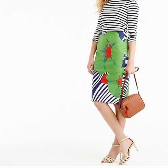 J Crew Womens Ratti Floral Striped Pencil Skirt Size 2 Navy Blue Green Red G0964